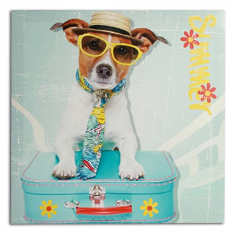 Dog with Suitcase Picture on Linen Canvas 40 x 40